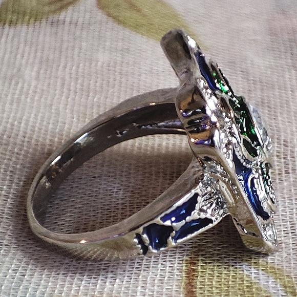 Enameled Navy Blue Green Clear Rhinestones Silver Rhodium Plated Size 8 Ring NEW - Picture 2 of 8